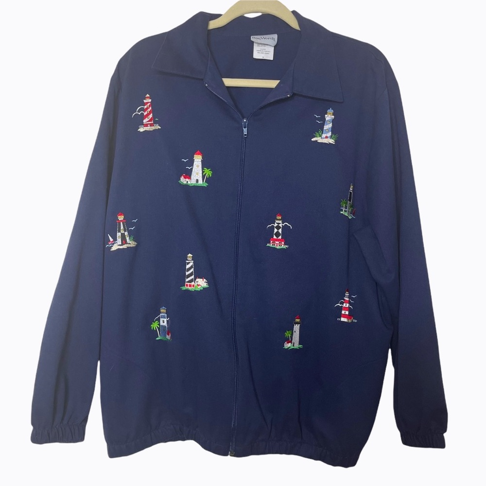 BonWorth Navy Blue Beach Lighthouse Embroidered Jacket Lightweight